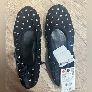 Zara black suede ballet flats with rhinestones new
